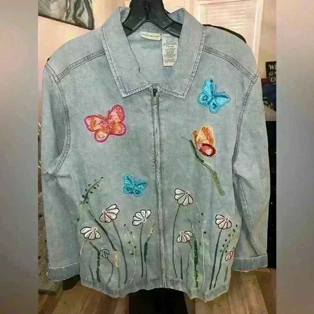 White Stag Jacket Womens L 12/14 Blue Denim Embroidery Patches Butterfly - Picture 2 of 3